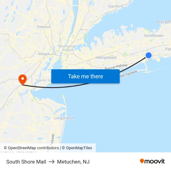 South Shore Mall to Metuchen, NJ map