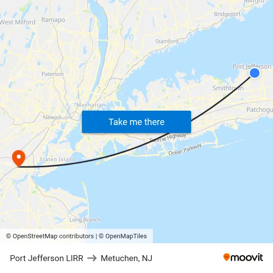 Port Jefferson LIRR to Metuchen, NJ map