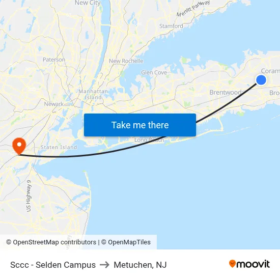 Sccc - Selden Campus to Metuchen, NJ map