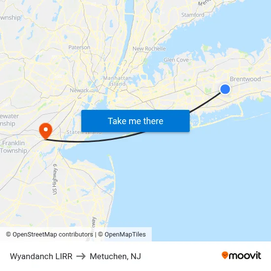 Wyandanch LIRR to Metuchen, NJ map