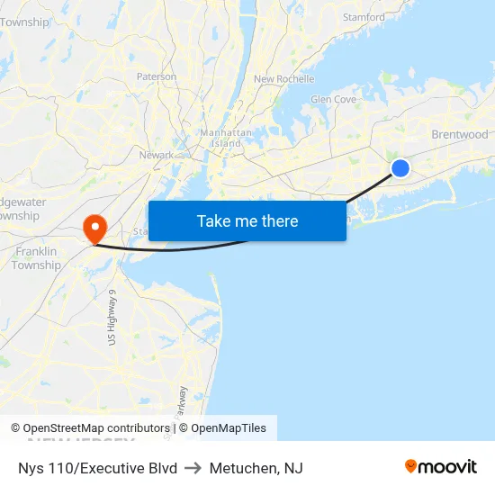 Nys 110/Executive Blvd to Metuchen, NJ map