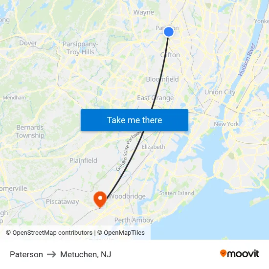Paterson to Metuchen, NJ map