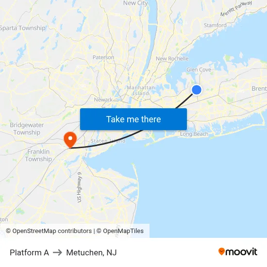 Platform A to Metuchen, NJ map
