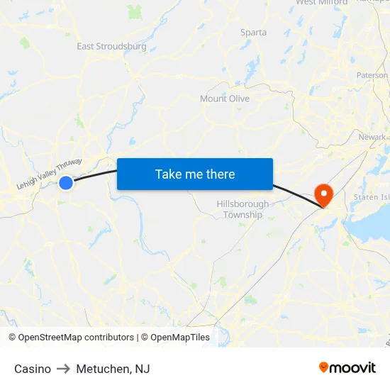 Casino to Metuchen, NJ map