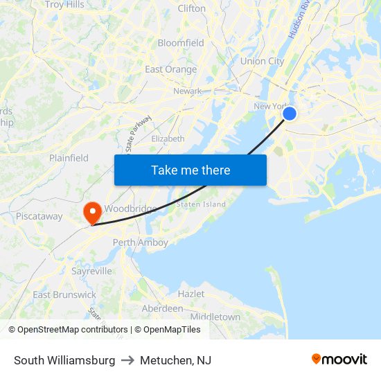 South Williamsburg to Metuchen, NJ map