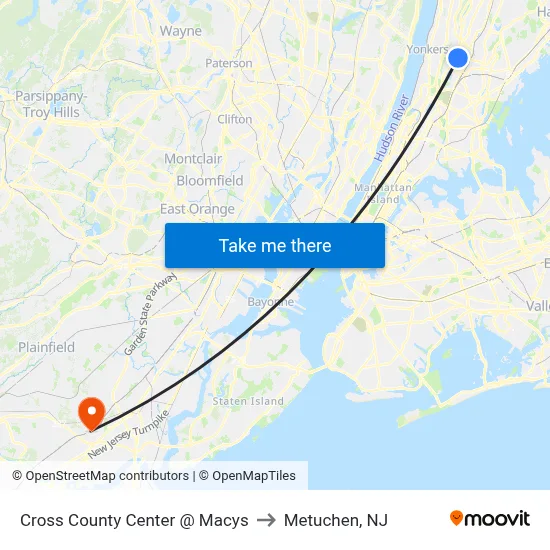 Cross County Center @ Macys to Metuchen, NJ map