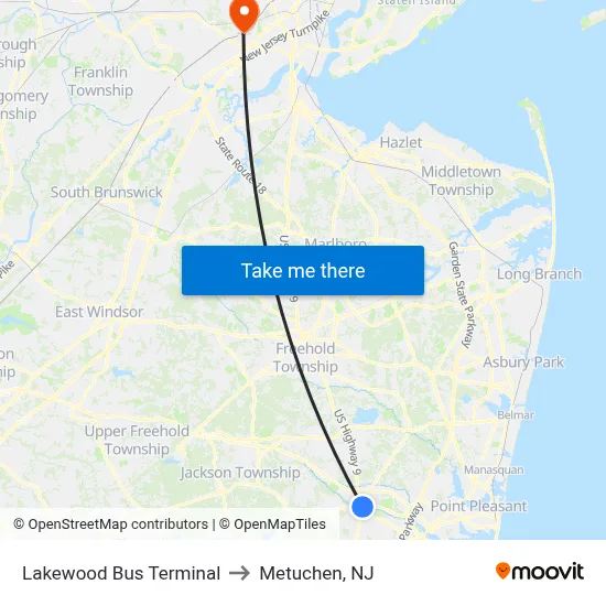 Lakewood Bus Terminal to Metuchen, NJ map