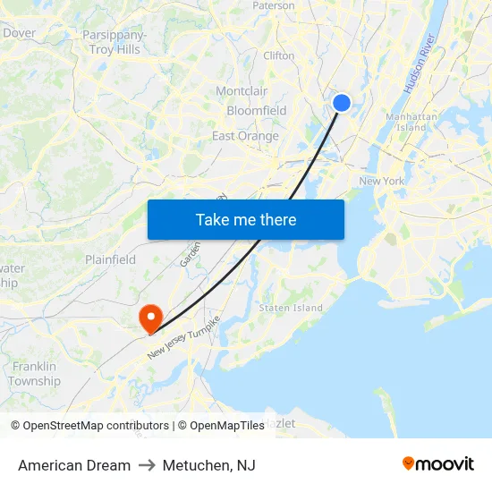 American Dream to Metuchen, NJ map