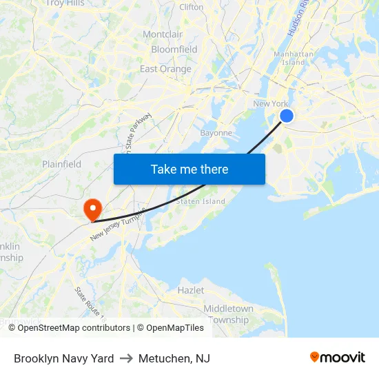 Brooklyn Navy Yard to Metuchen, NJ map
