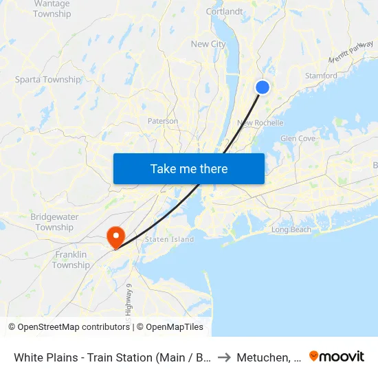 White Plains - Train Station (Main / Bank) to Metuchen, NJ map