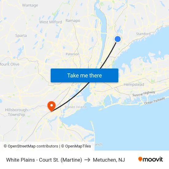 White Plains - Court St. (Martine) to Metuchen, NJ map