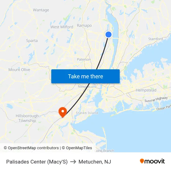 Palisades Center (Macy'S) to Metuchen, NJ map