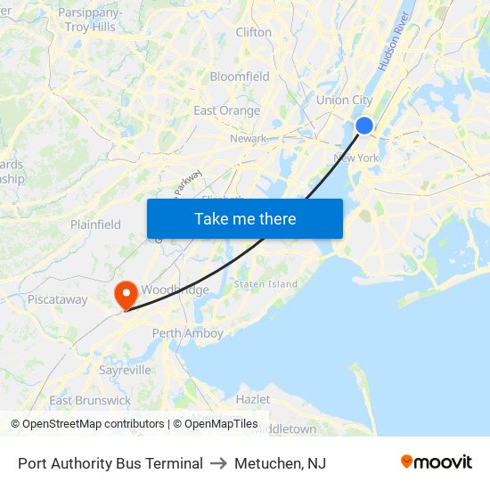 Port Authority Bus Terminal to Metuchen, NJ map