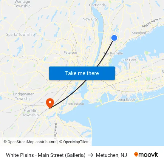 White Plains - Main Street (Galleria) to Metuchen, NJ map