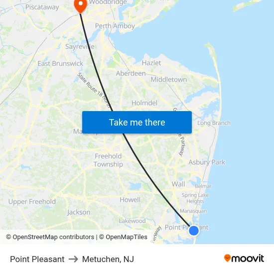 Point Pleasant to Metuchen, NJ map