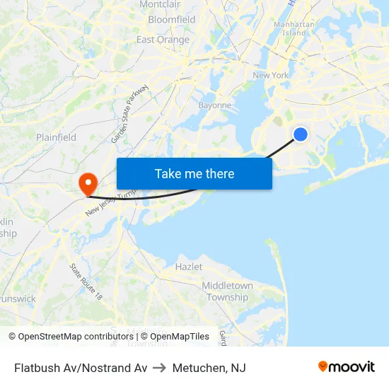 Flatbush Av/Nostrand Av to Metuchen, NJ map