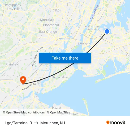 Lga/Terminal B to Metuchen, NJ map