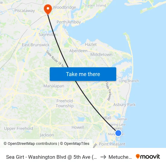 Sea Girt - Washington Blvd @ 5th Ave (Northbound) to Metuchen, NJ map