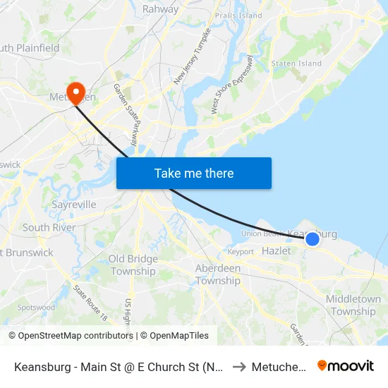 Keansburg -  Main St @ E Church St (Northbound) to Metuchen, NJ map
