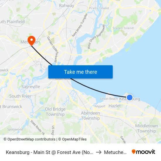 Keansburg -  Main St @ Forest Ave (Northbound) to Metuchen, NJ map