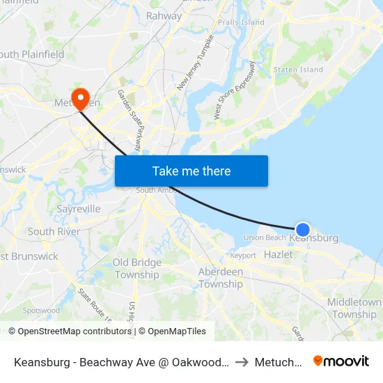 Keansburg -  Beachway Ave @ Oakwood Pl (Northbound) to Metuchen, NJ map
