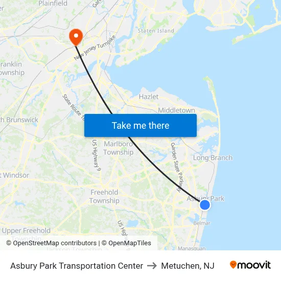 Asbury Park Transportation Center to Metuchen, NJ map