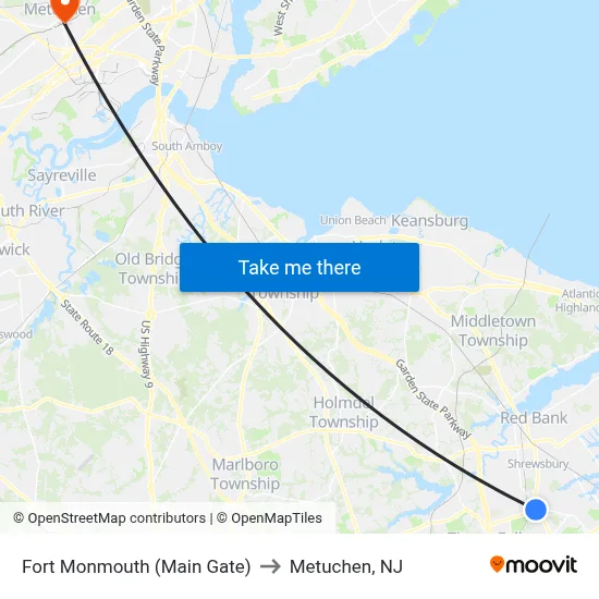 Fort Monmouth (Main Gate) to Metuchen, NJ map
