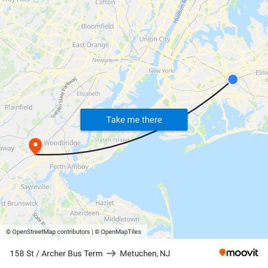 158 St / Archer Bus Term to Metuchen, NJ map