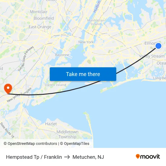 Hempstead Tp / Franklin to Metuchen, NJ map
