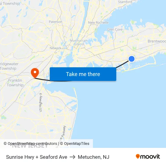 Sunrise Hwy + Seaford Ave to Metuchen, NJ map
