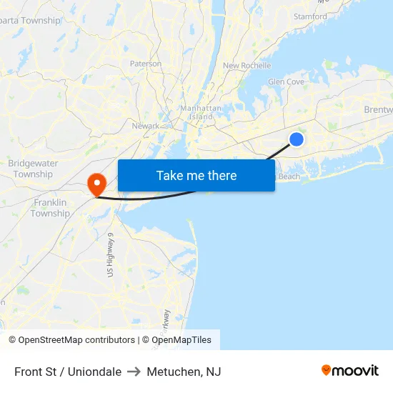 Front St / Uniondale to Metuchen, NJ map