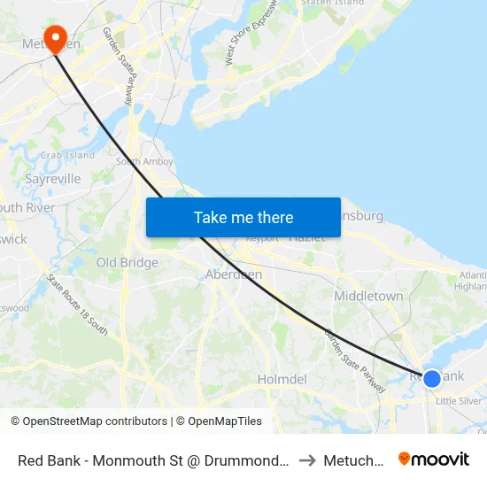 Red Bank - Monmouth St @ Drummond Pl (Southbound) to Metuchen, NJ map