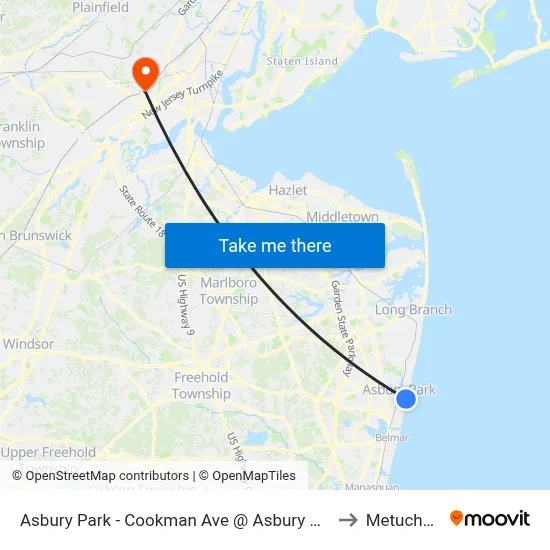 Asbury Park - Cookman Ave @ Asbury Ave (Southbound) to Metuchen, NJ map