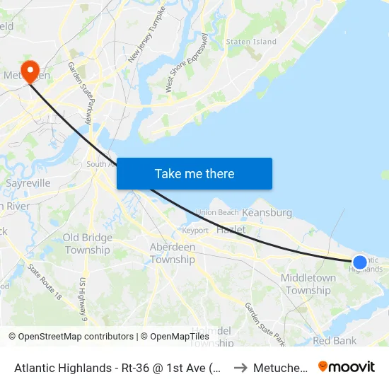 Atlantic Highlands - Rt-36 @ 1st Ave (Northbound) to Metuchen, NJ map