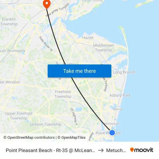 Point Pleasant Beach - Rt-35 @ McLean Ave (Northbound) to Metuchen, NJ map