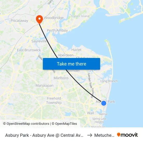 Asbury Park - Asbury Ave @ Central Ave (Northbound) to Metuchen, NJ map