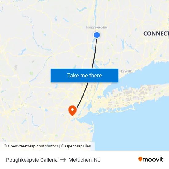 Poughkeepsie Galleria to Metuchen, NJ map