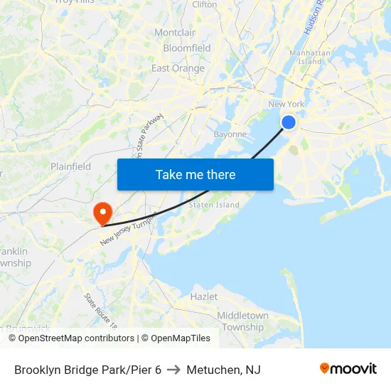 Brooklyn Bridge Park/Pier 6 to Metuchen, NJ map