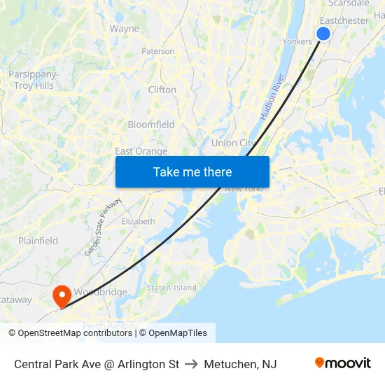 Central Park Ave @ Arlington St to Metuchen, NJ map