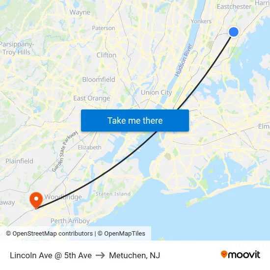 Lincoln Ave @ 5th Ave to Metuchen, NJ map