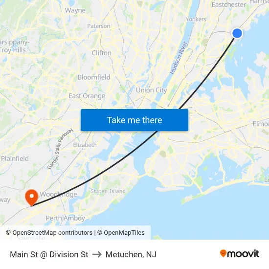 Main St @ Division St to Metuchen, NJ map