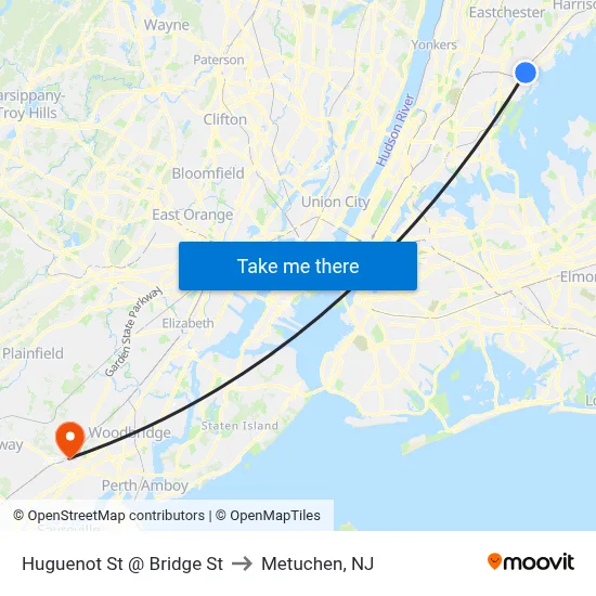 Huguenot St @ Bridge St to Metuchen, NJ map