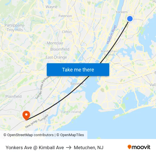 Yonkers Ave @ Kimball Ave to Metuchen, NJ map