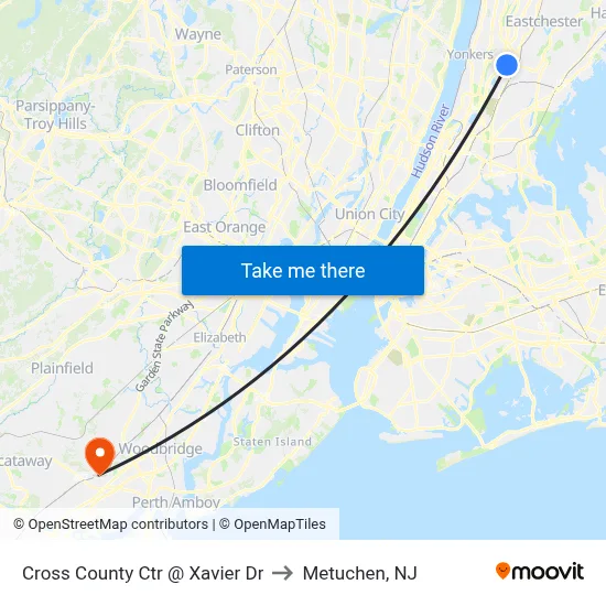 Cross County Ctr @ Xavier Dr to Metuchen, NJ map