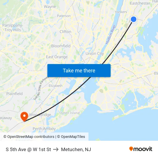 S 5th Ave @ W 1st St to Metuchen, NJ map