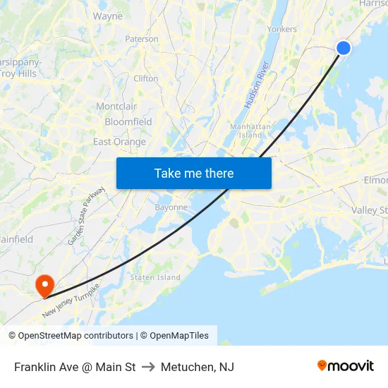 Franklin Ave @ Main St to Metuchen, NJ map