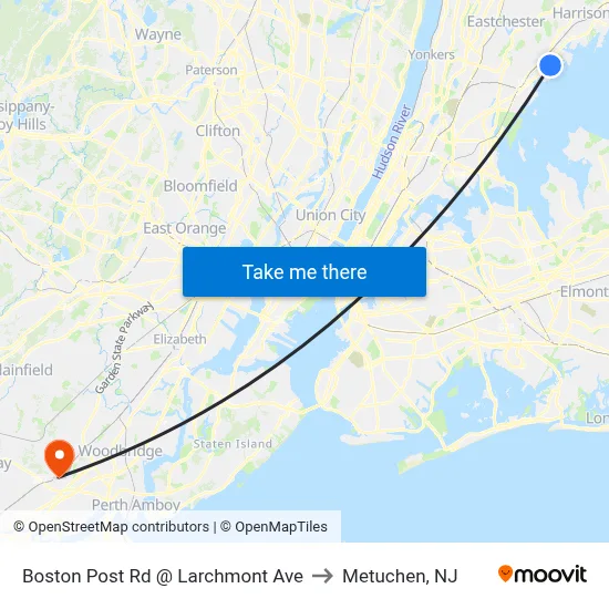 Boston Post Rd @ Larchmont Ave to Metuchen, NJ map