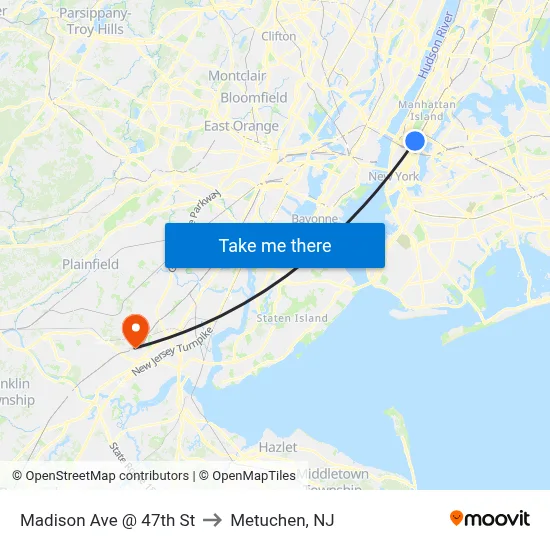 Madison Ave @ 47th St to Metuchen, NJ map