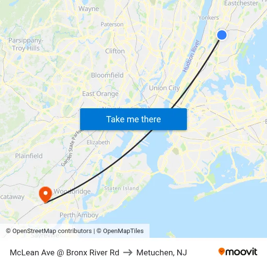 McLean Ave @ Bronx River Rd to Metuchen, NJ map