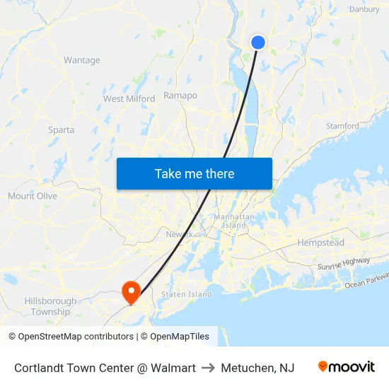 Cortlandt Town Center @ Walmart to Metuchen, NJ map